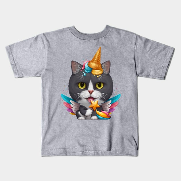 Black & White Cat Ice Cream Unicorn Kids T-Shirt by stonemask